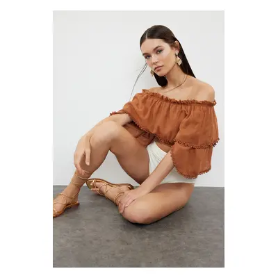 Trendyol Brown Crop Woven Flounce Blouse