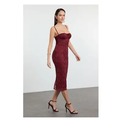 Trendyol Burgundy Knitted Lined Lace Midi Dress