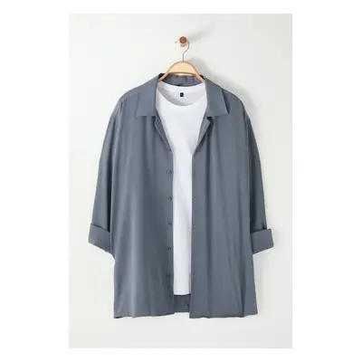 Trendyol Grey Regular Fit Fit Open Collar Summer Linen Look Plus Size Shirt