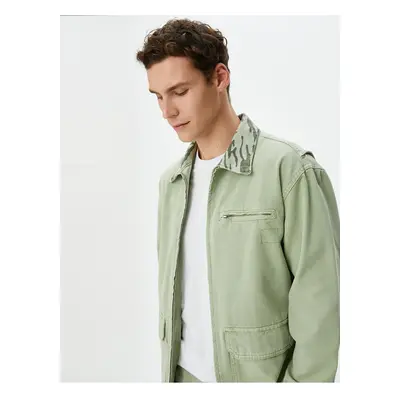 Koton Washed Denim Jacket Camouflage Collar Pocket Detailed Zipper