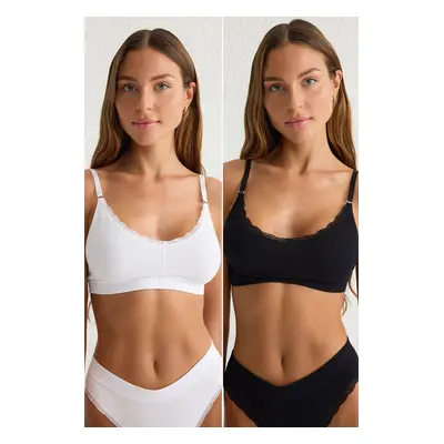 Trendyol Black-White 2-piece Seamless Lace Detail Non-wired Cupless Bralette Knitted Bra