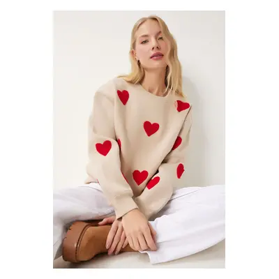 Happiness İstanbul Women's Biscuit Heart Textured Raised Knit Sweatshirt