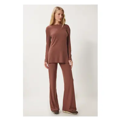 Happiness İstanbul Women's Brown Comfortable Ribbed Knitted Blouse Trousers Set