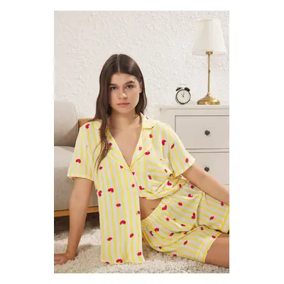 Trendyol Yellow Striped and Strawberry Patterned Viscose Woven Pajama Set