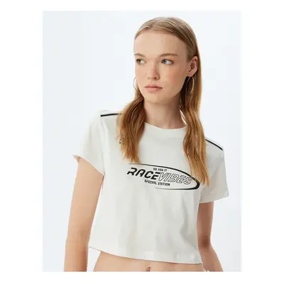 Koton Short Sleeve Crew Neck Crop T-Shirt with Slogan Print on Back