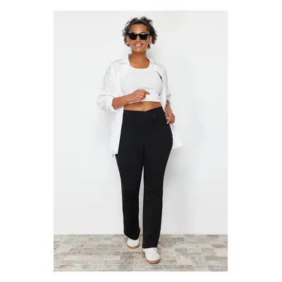 Trendyol Curve Black Asymmetric Waist Detail 100% Cotton Knitted Plus Size Trousers