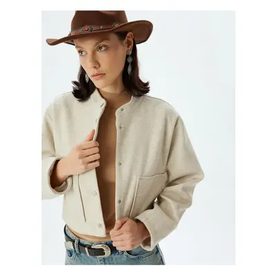 Koton Buttoned Round Collar Crop Bomber Jacket with Pockets