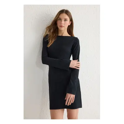 Trendyol Black Washed/Faded Effect Skater/Waist Open Mini Knit Dress