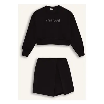 DEFACTO Girl 2-Piece Set Long Sleeve Printed Soft Furry Sweatshirt Shorts Skirt