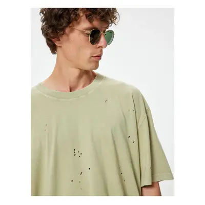 Koton Oversize T-Shirt Fraying Detailed Short Sleeve Crew Neck Cotton