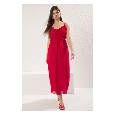 Trendyol Red Floral Skirt Opening Ruffle Maxi Chiffon Lined Woven Dress