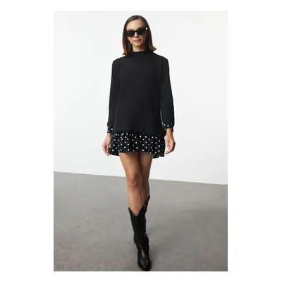 Trendyol Black Thessaloniki Stand Collar Polka Dot Mini Knitted Dress