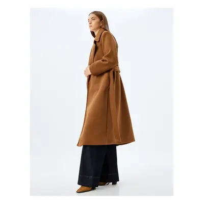 Koton Extra Long Cashmere Coat with Belt Detail and Pocket