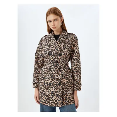 Koton Double Breasted Belted Leopard Patterned Trench Coat