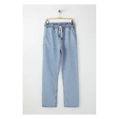 Trendyol Blue 100% Cotton Elastic Waist Wide Cut Loose Denim Trousers Jeans