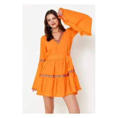 Trendyol Orange Belted Mini Woven Flounce Beach Dress