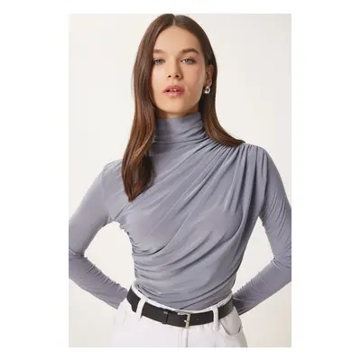 Happiness İstanbul Women's Gray Drawstring Detail Stand Collar Sandy Blouse