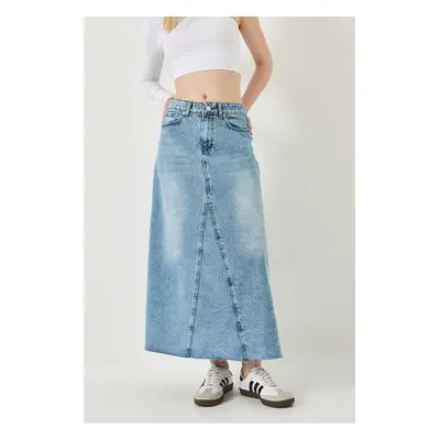 Bianco Lucci Women's Laser Cut Long Denim Skirt