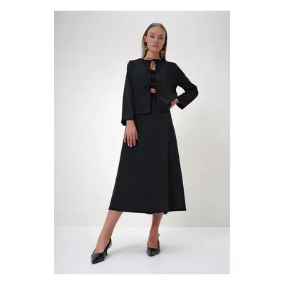 Trend Alaçatı Stili Women's Black Crew Neck Front Tie Detail Crepe Knit Jacket and Maxi Skirt Se