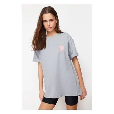 Trendyol Gray Melange Back Printed Oversize/Wide Fit Crew Neck Knitted T-Shirt