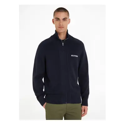 Tmavě modrý pánský svetr na zip Tommy Hilfiger Monotype Chunky - Pánské