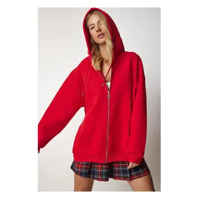 Happiness İstanbul Women's Red Hooded Zipper Oversize Sweatshirt