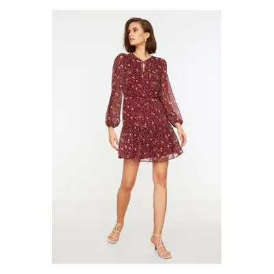 Trendyol Burgundy Woven Lined Chiffon Floral Pattern Foulard Collar Mini Woven Dress