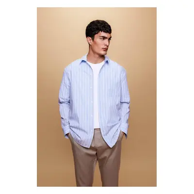 DEFACTO Relax Fit Polo Collar Striped Poplin Long Sleeve Shirt