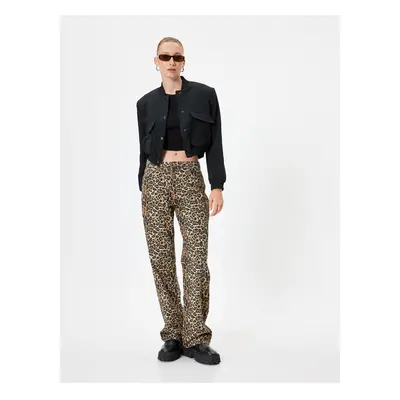 Koton Leopard Trousers Normal Waist Straight Fit Pocket Buttoned