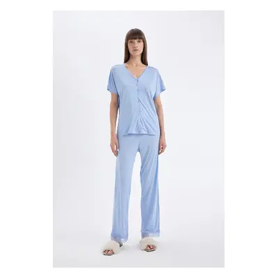 DEFACTO Fall In Love Pajama Set V Neck Buttoned Short Sleeve Top Elastic Waist Bottom