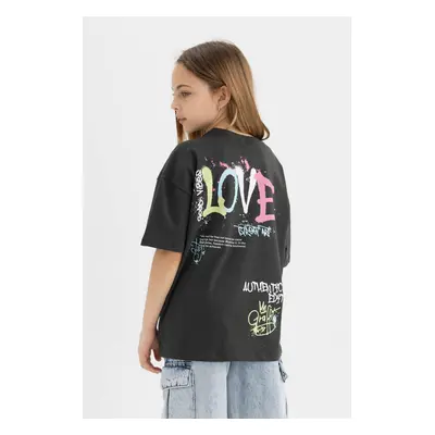 DEFACTO Girl's Oversize Fit Back Printed Short Sleeve T-Shirt