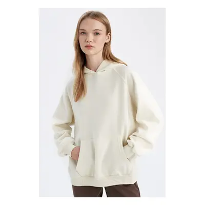 DEFACTO Oversize Wide Pattern Hooded Kangaroo Pocket Thick Basic Plain Sweatshirt