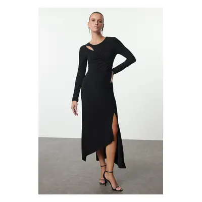 Trendyol Black Asymmetrical Collar Spanish Sleeve Knitted Chic Midi Evening Dress