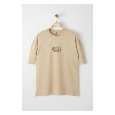 Trendyol Mink Oversize/Wide Cut Printed 100% Cotton T-Shirt