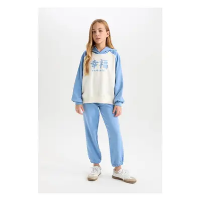 DEFACTO Girl 2-Piece Set Hooded Printed Sweatshirt Elastic Waist Tracksuit Bottoms