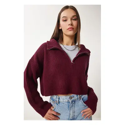 Happiness İstanbul Women's Burgundy Zippered Turtleneck Knitwear Sweater