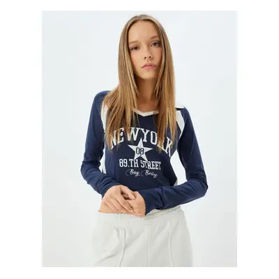 Koton Polo Neck T-Shirt Crop Long Sleeve College Printed Slim Fit