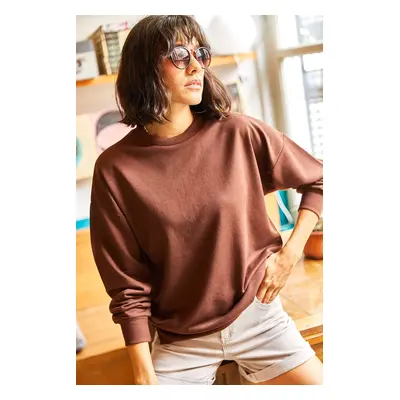 Olalook Women's Bitter Brown Crew Neck Skirt Slit Basic Sweatshirt