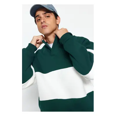 Trendyol Emerald Green Oversize/Wide Cut Snap Button Color Inside Polar Fleece Cotton Sweatshirt