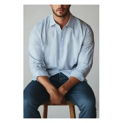 Trendyol Blue Oversized Striped Seersucker Flexible Comfortable Fabric Knit Shirt