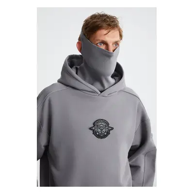 GRIMELANGE Hampus Men's Masked Polar Fleece Soft Embroidered Comfort Organic Cotton Light Gray S