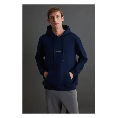 GRIMELANGE Epic Men's Soft Fabric Embroidered Detailed Hooded Corded Regular Navy Blue Sweatshir