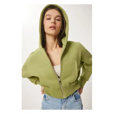 Happiness İstanbul Women's Pistachio Green Hooded Raster Zip-Up Sweatshirt