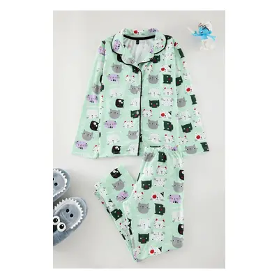 Trendyol Mint Girls Animal Printed Pajama Set Knitted Top-Bottom Set