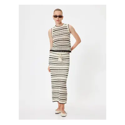 Koton Lined Midi Length Tie Detailed Openwork Striped Knit Skirt