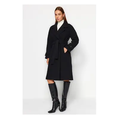 Trendyol Black Oversize Wide Cut Páskový dlouhý stamp Coat