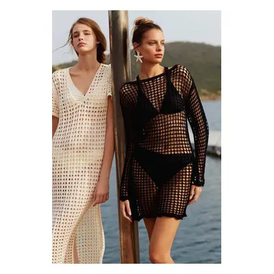 DEFACTO Crew Neck Long Sleeve Mini Knit Crochet Beach Dress