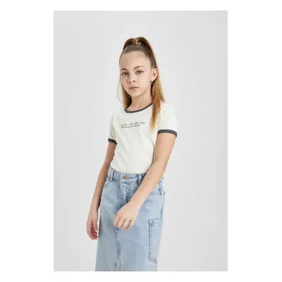 DEFACTO Girls Crew Neck Crop Printed Short Sleeve T-Shirt