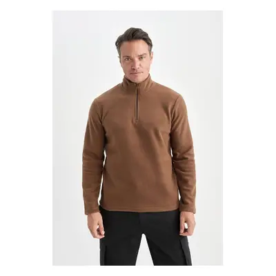 DEFACTO Brown Non-Pilling Cold-Proof Regular Fit Stand-Up Collar Zippered Polar Fleece Sweatshir