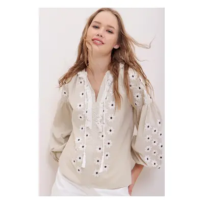 Trend Alaçatı Stili Women's Beige Tassel Detailed Embroidered Cotton Blouse